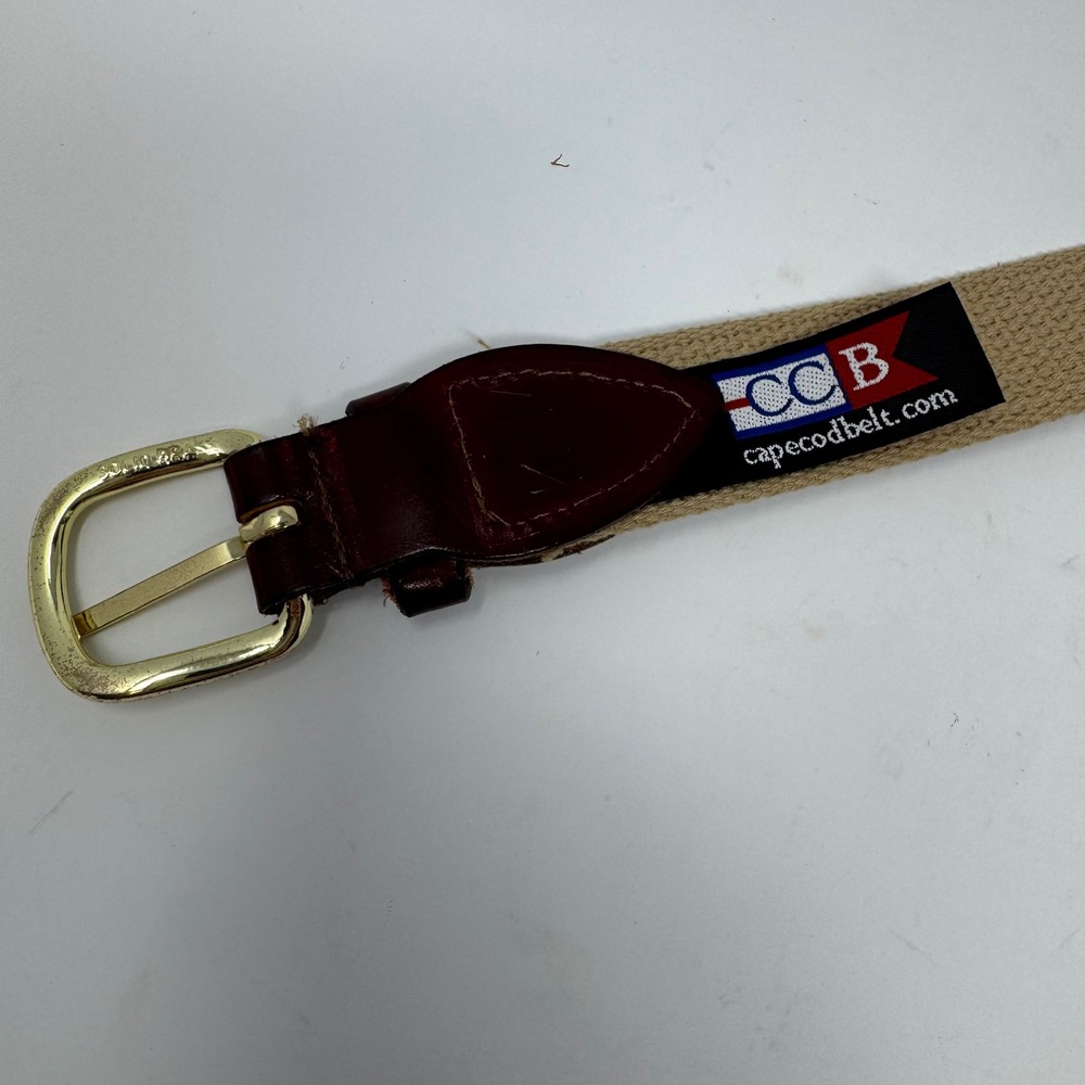 Cape Cod Belt Co Canvas Leather Belt Kids 30 Tan Navy Crest Preppy Good Cond - Picture 5 of 9